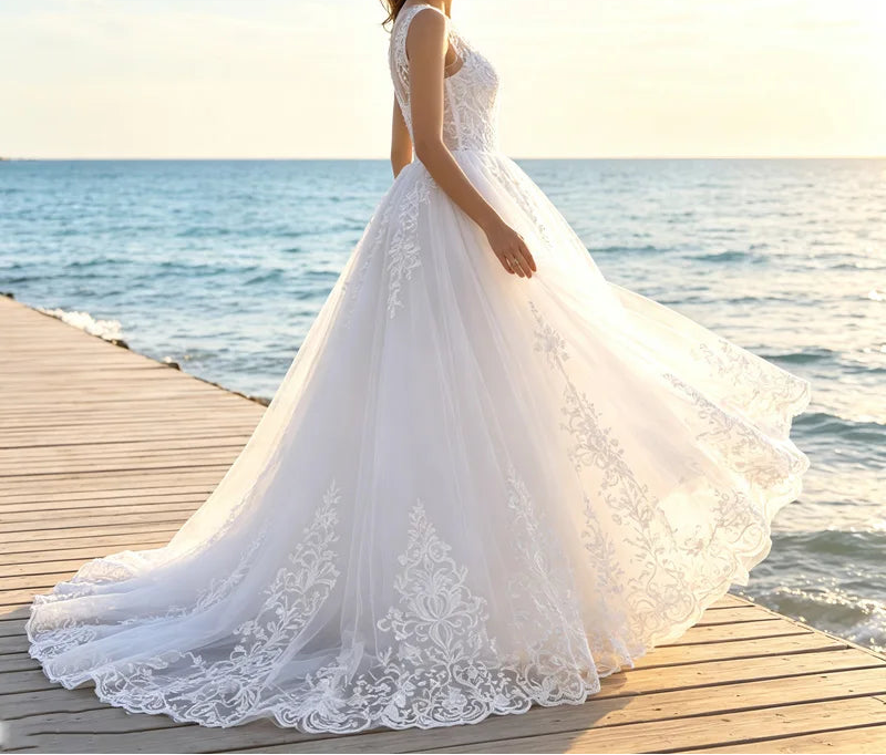 White Lace Backless V-Neck Bridal Gown