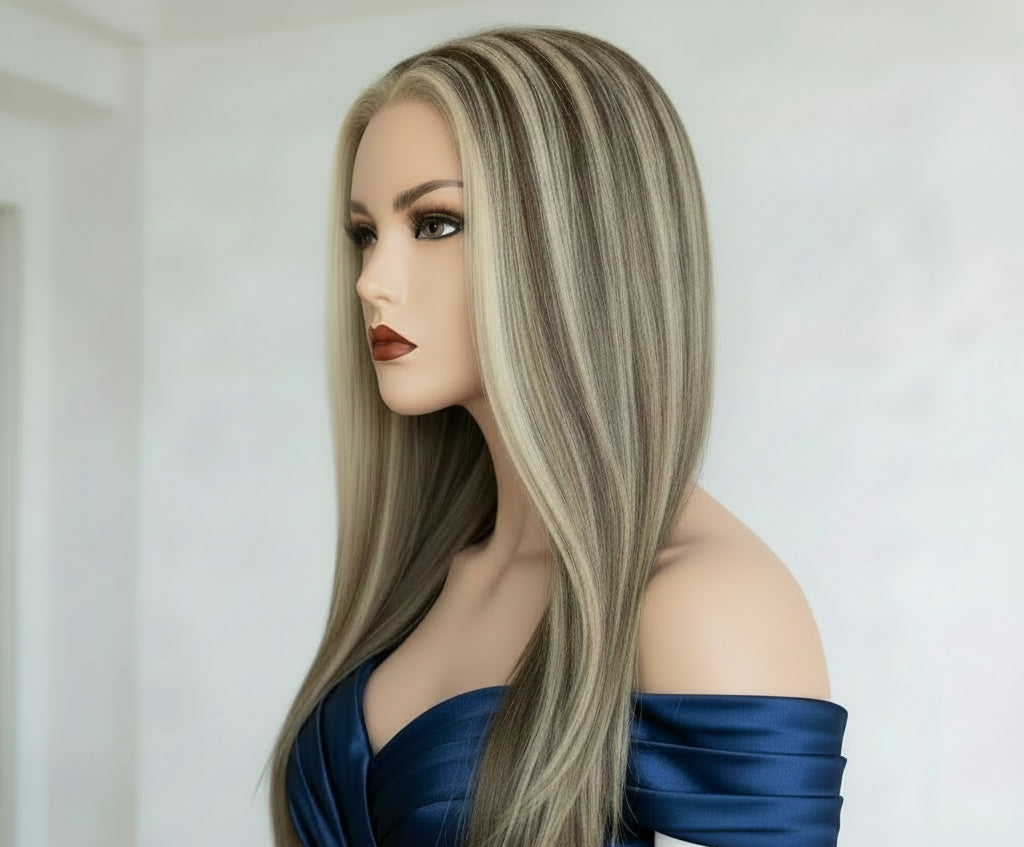 Ash Brown with Blonde Highlights Straight 13x3 Lace Front Wig - Side View
