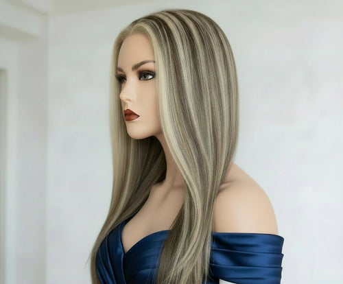 Ash Brown with Blonde Highlights Straight 13x3 Lace Front Wig - Side View