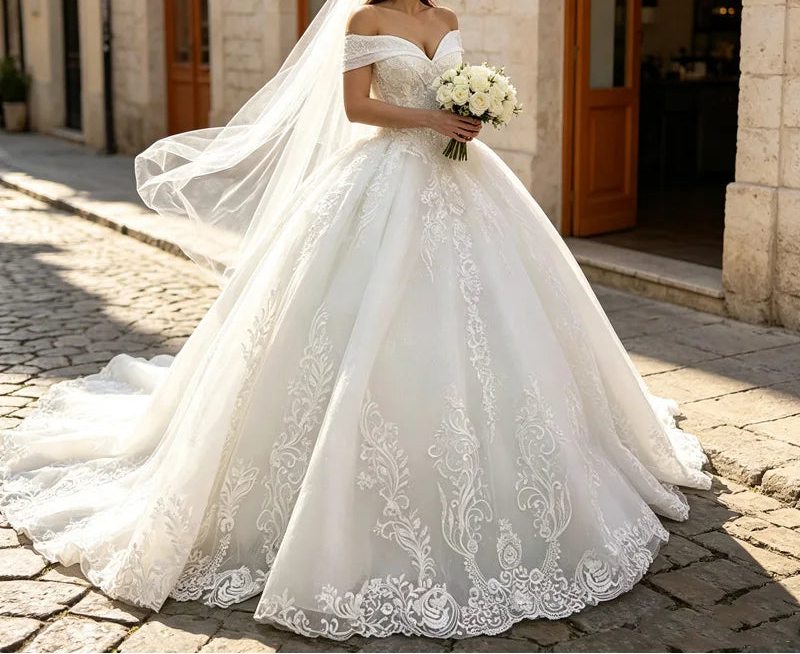 Off Shoulder Lace Ball Gown Wedding Dress