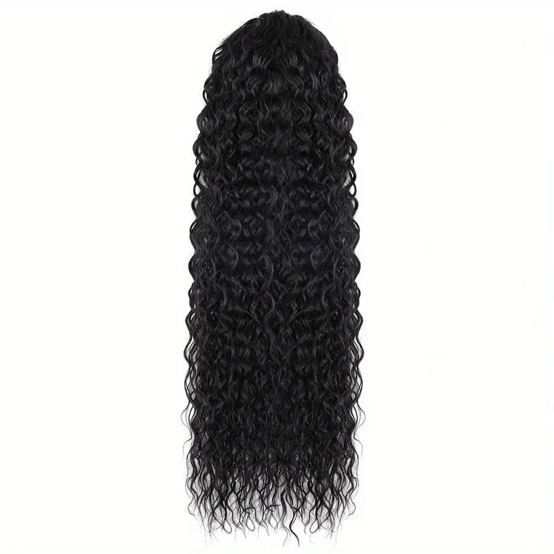 Image 3 — Full-length water wave curly drawstring ponytail in natural black, product flat lay
