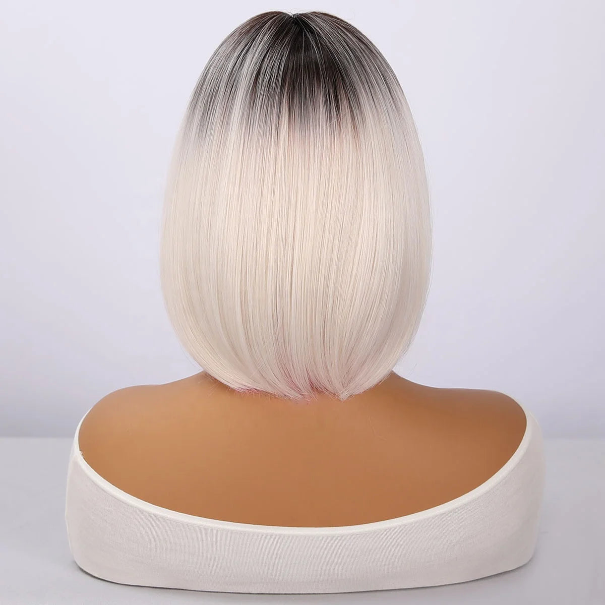 White Gold Black Root Inner Pink Short Bob Wig Back View