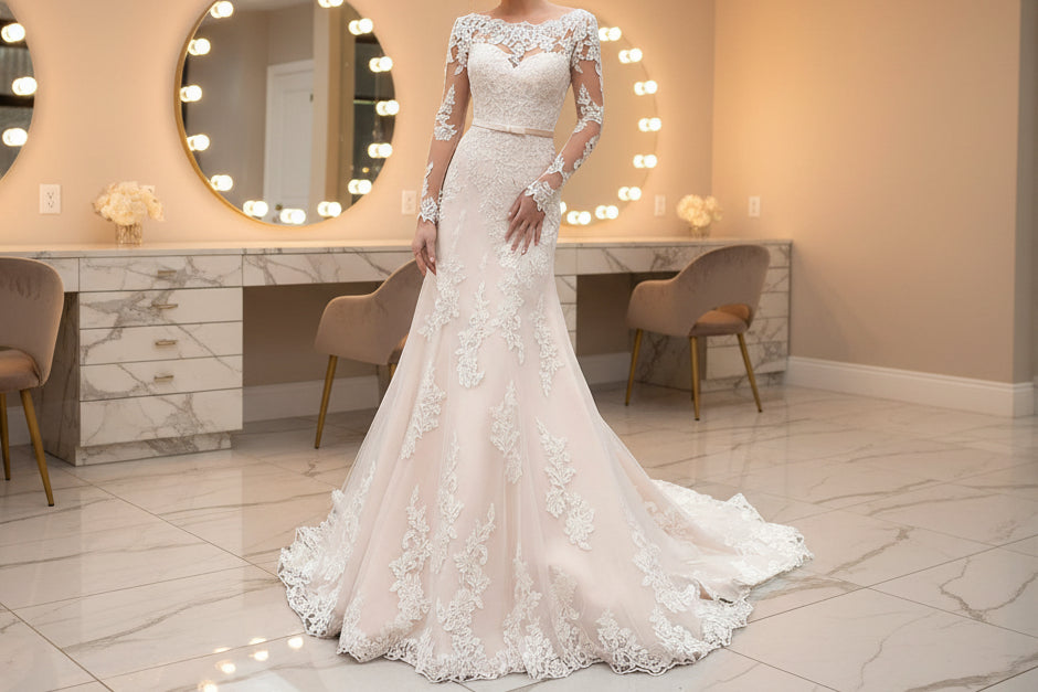 White lace A-line bridal gown with long sheer sleeves and floral appliqués, front view in bridal suite