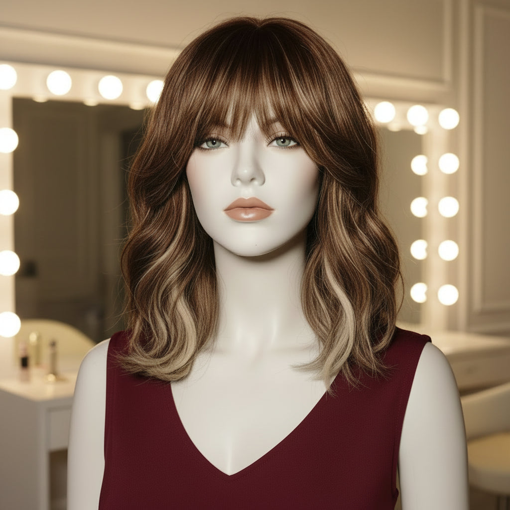 Brown Gold High-Gloss Loose Wave Synthetic Wig with Bangs - Front View
