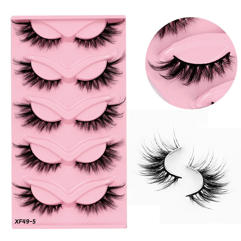 Set of false eyelashes in a pink packaging with close-up insets on a white background.