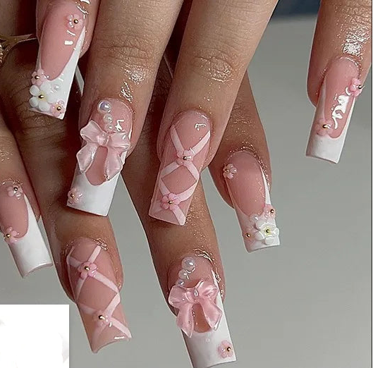 Nail design sample showing a hand with long square nails in a pink and white French manicure style with bow and floral details, alongside a sheet of matching nail stickers labeled #2816.