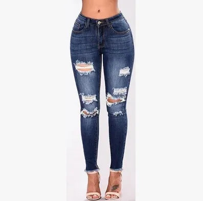 Women's dark blue ripped slim denim leggings with multiple knee cutouts and frayed hem, front view
