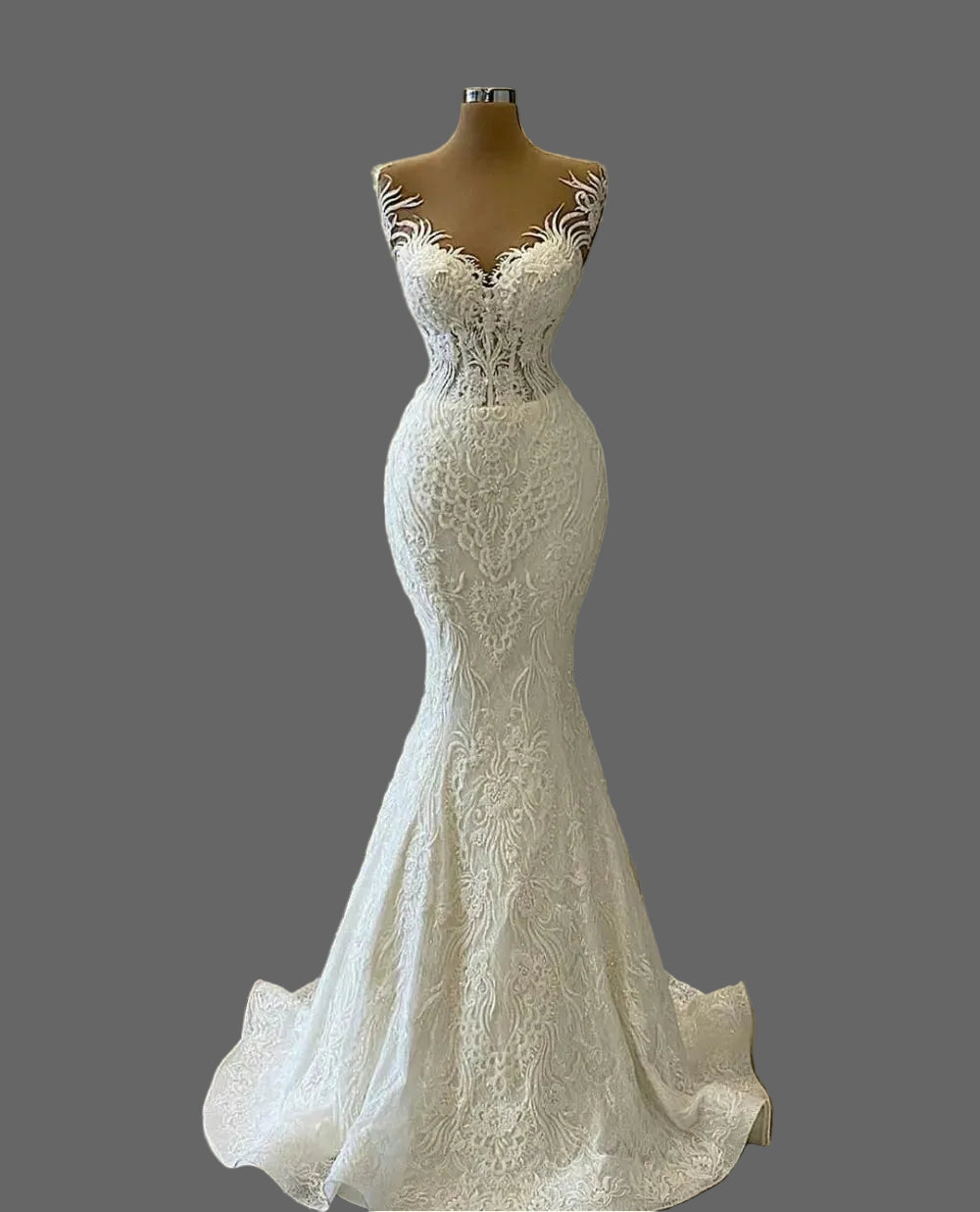 Lace mermaid wedding dress with sweetheart neckline and ruffle detailing