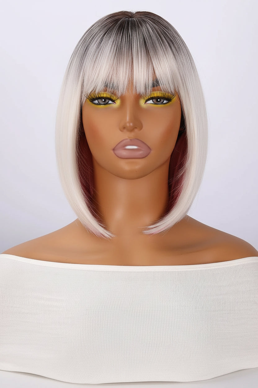 White Gold Black Root Inner Pink Short Bob Wig Front View