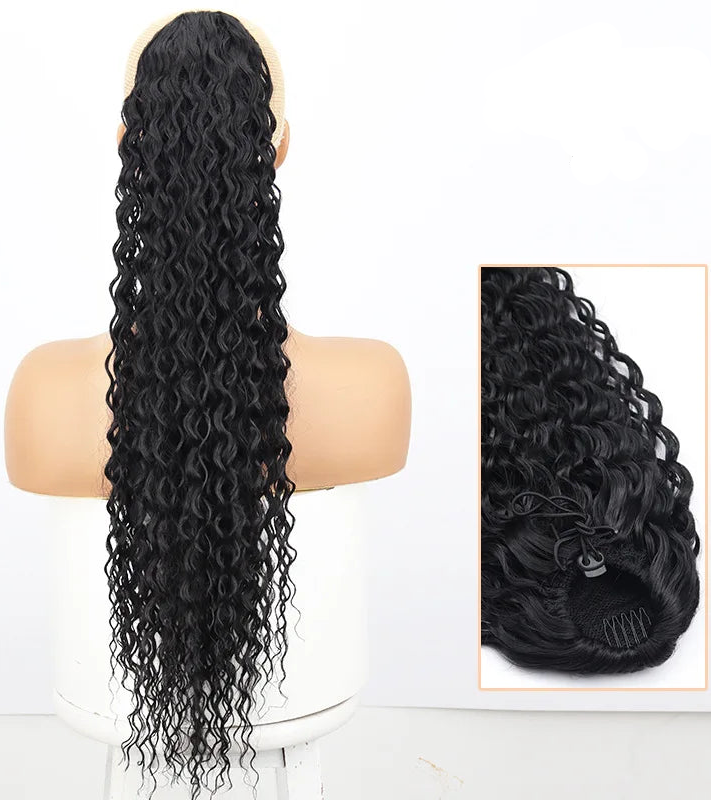 Image 6 — Water wave synthetic drawstring ponytail — Natural Black to Auburn Ombré (T1B-30), back view on mannequin
