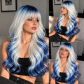 Image 1 (front/side): Long wavy blue gradient platinum synthetic wig with soft curtain bangs, platinum to blue ombre, 26 inch, worn by model
