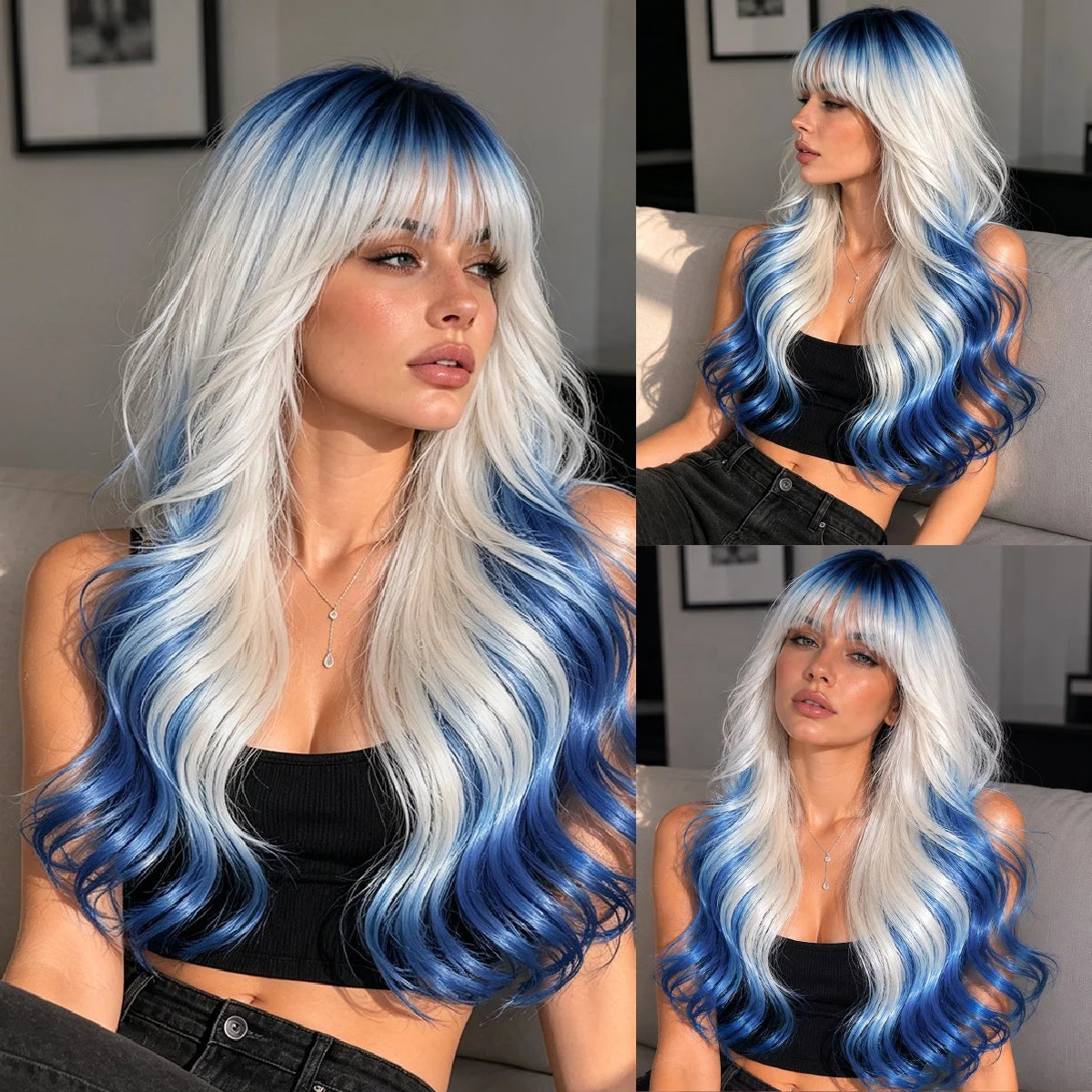 Image 1 (front/side): Long wavy blue gradient platinum synthetic wig with soft curtain bangs, platinum to blue ombre, 26 inch, worn by model
