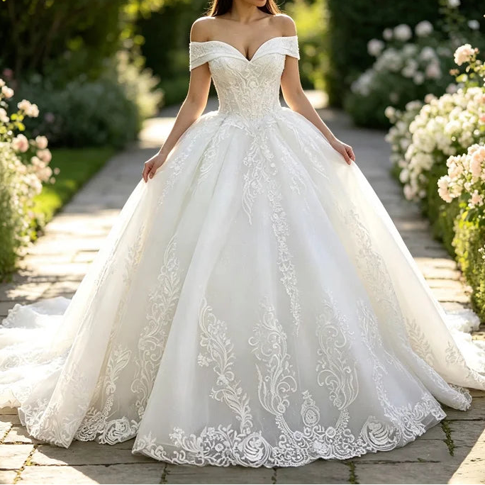 Off Shoulder Lace Ball Gown Wedding Dress