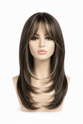 Brown Honey Blonde Highlight Layered Straight Wig with Bangs Front View