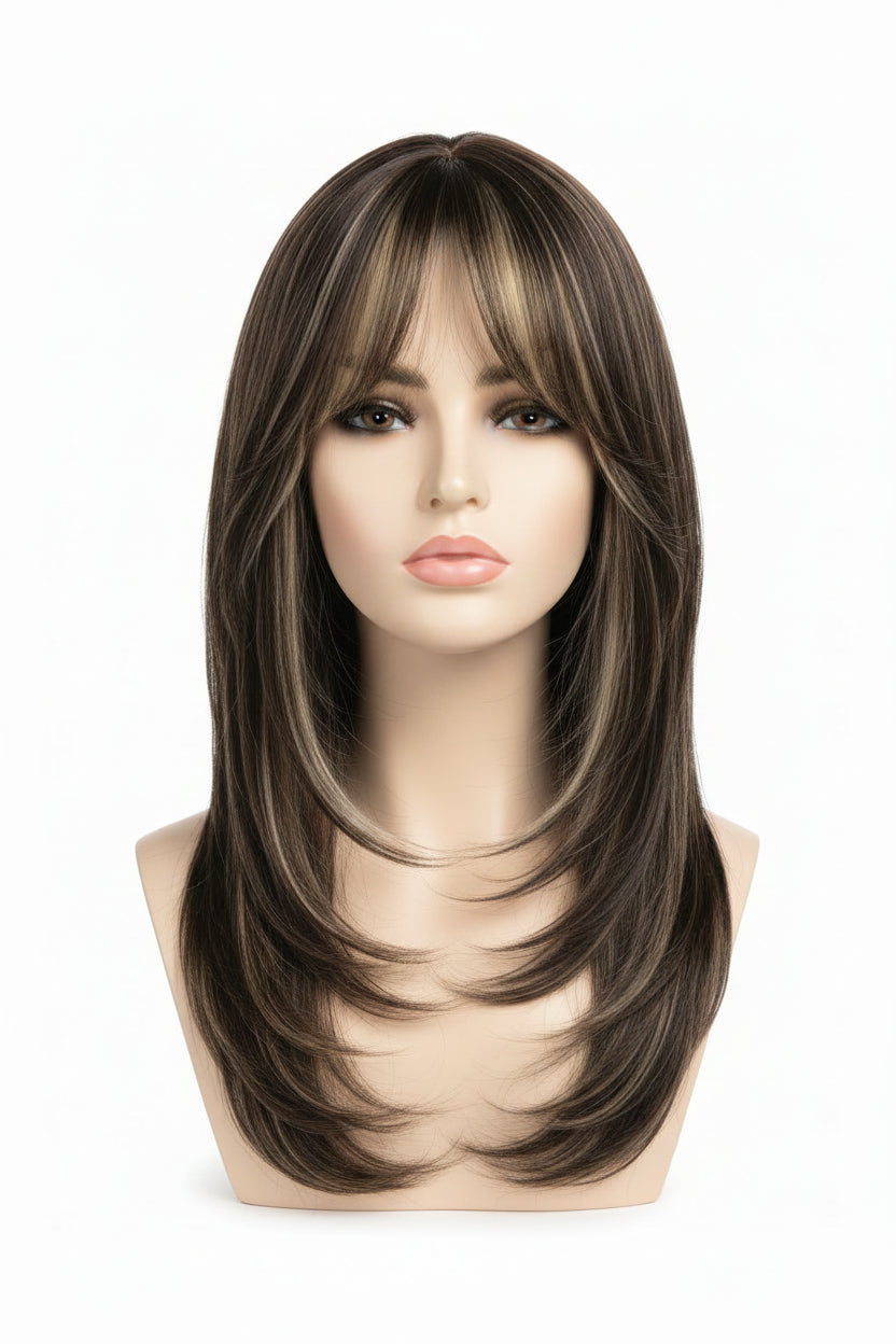 Brown Honey Blonde Highlight Layered Straight Wig with Bangs Front View