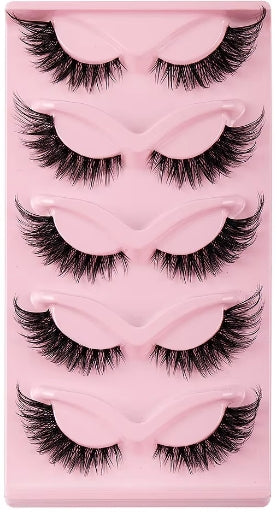 Five pairs of black false eyelashes arranged on a pink plastic tray, photographed against a white background.