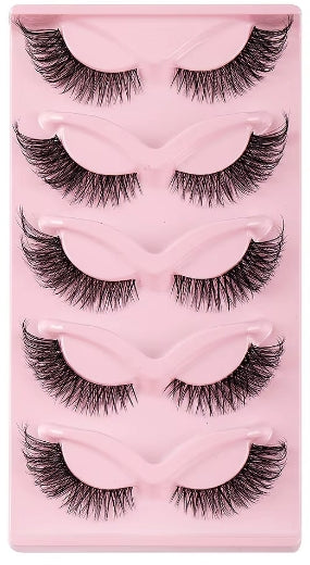 Five pairs of false eyelashes in different lengths and styles, displayed on a pink plastic tray.