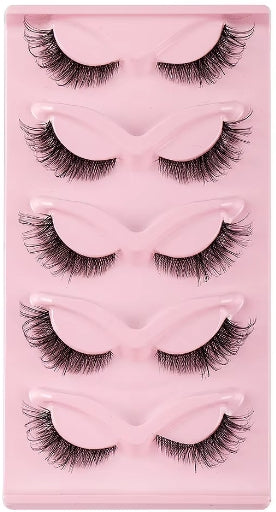 Five pairs of false eyelashes in different curl and length styles, displayed on a pink plastic tray.