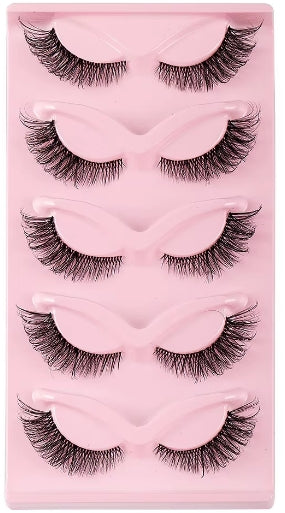 Five pairs of false eyelashes in different lengths and styles, displayed on a pink plastic tray.