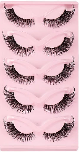 Six pairs of false eyelashes arranged vertically on a pink display card.