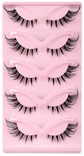 Five pairs of black false eyelashes arranged in a pink plastic tray.