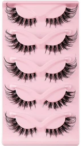 Five pairs of black false eyelashes arranged in a row on a light pink display card.