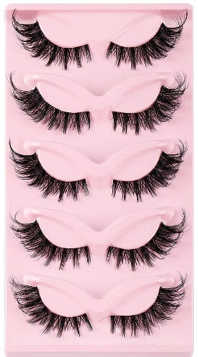 Five pairs of black false eyelashes arranged vertically on a light pink display card.