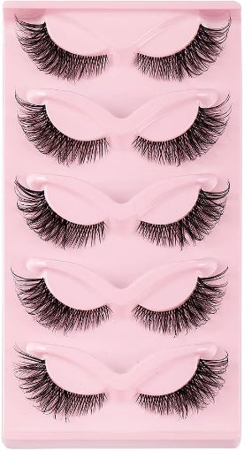 A set of five pairs of false eyelashes in black, displayed on a light pink plastic tray.