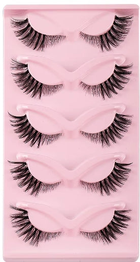 Five pairs of black false eyelashes arranged vertically in a pink plastic tray.