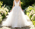 White Lace Backless V-Neck Bridal Gown