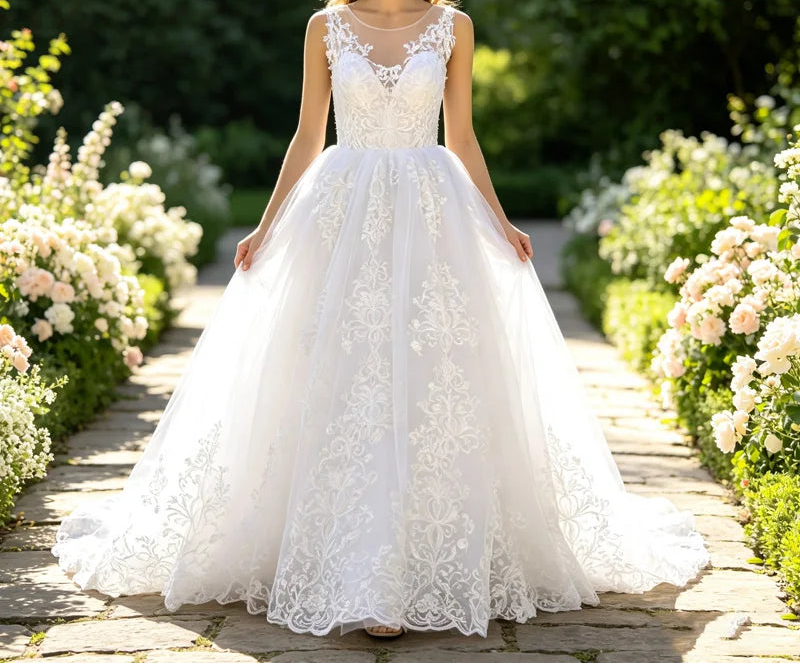 White Lace Backless V-Neck Bridal Gown