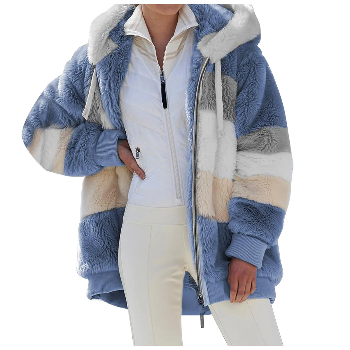 Blue and white sherpa jacket with a white shirt underneath on a white background