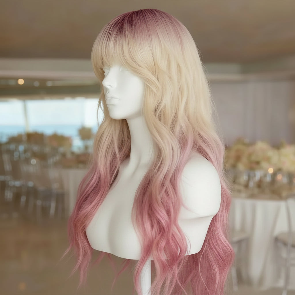 Pink Gold Gradient Long Body Wave Wig with Bangs Side View
