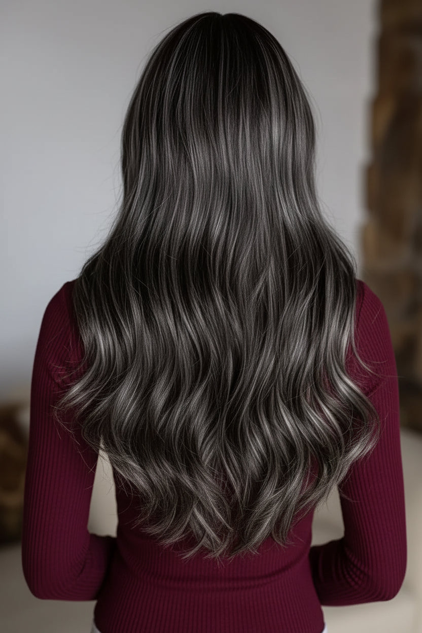 Dark Gray Gradient Water Wave Long Curly Wig with Natural Bangs - Back view