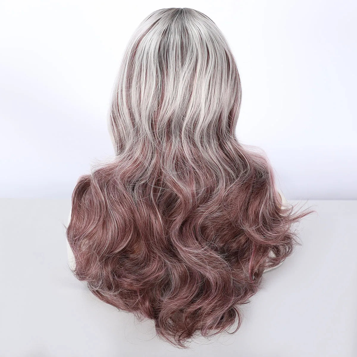 Back view of platinum and pink gradient wavy lace front wig, 22 inch length