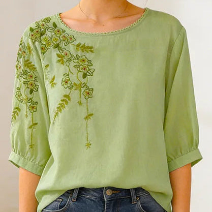 Casual Floral Embroidered Summer Blouse Front View