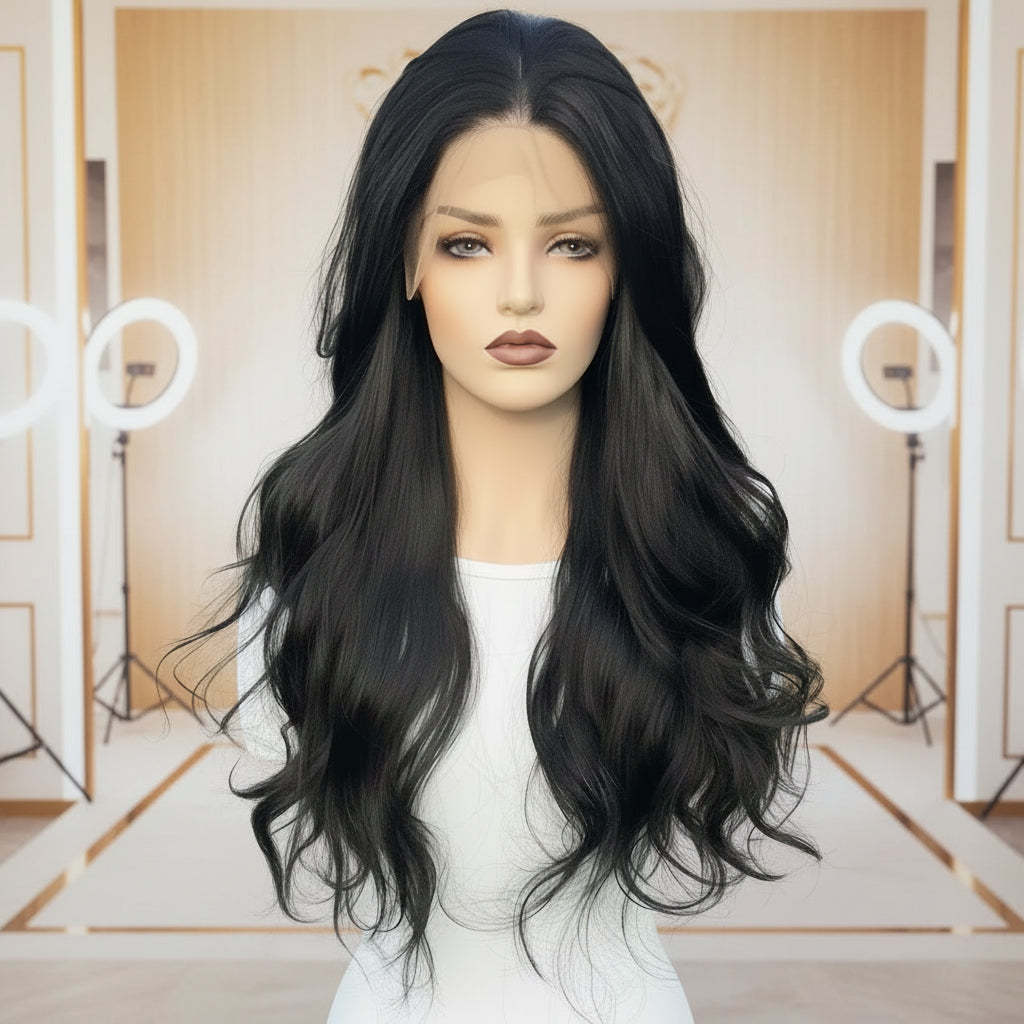 Black 13x3 Transparent Lace Front Body Wave Synthetic Wig - Front view