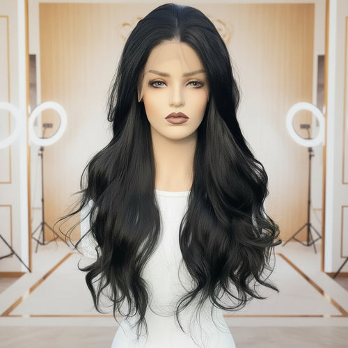 Black 13x3 Transparent Lace Front Body Wave Synthetic Wig - Front view