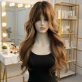 Brown Highlight Loose Wave Synthetic Wig with Bangs - Front View