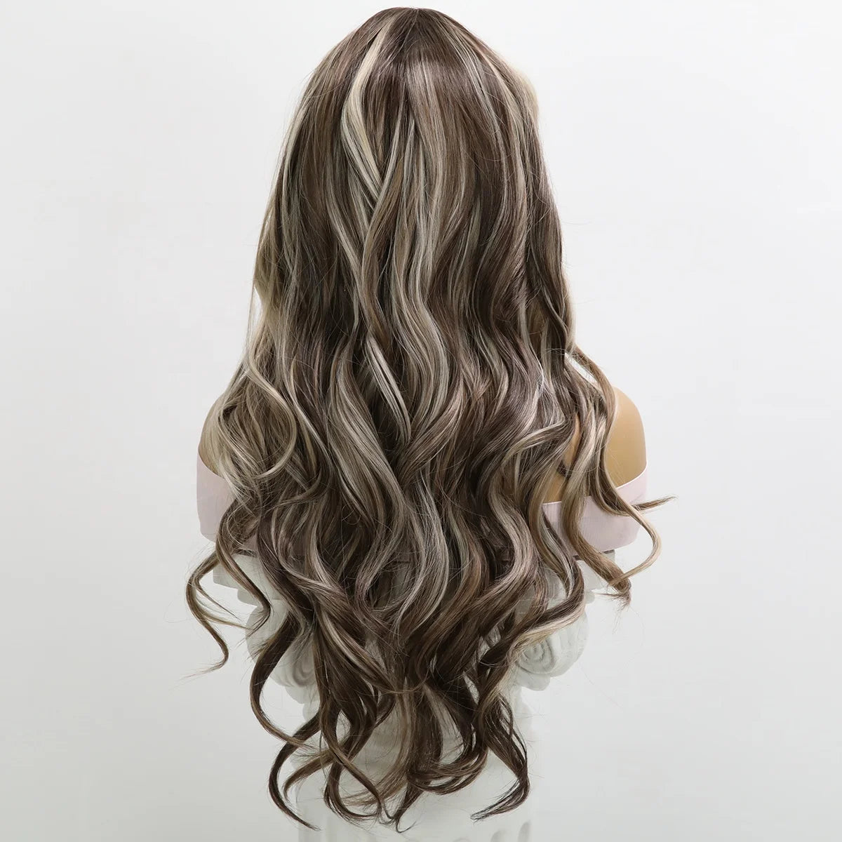 Back view of 26 inch brown blonde highlighted body wave lace front wig