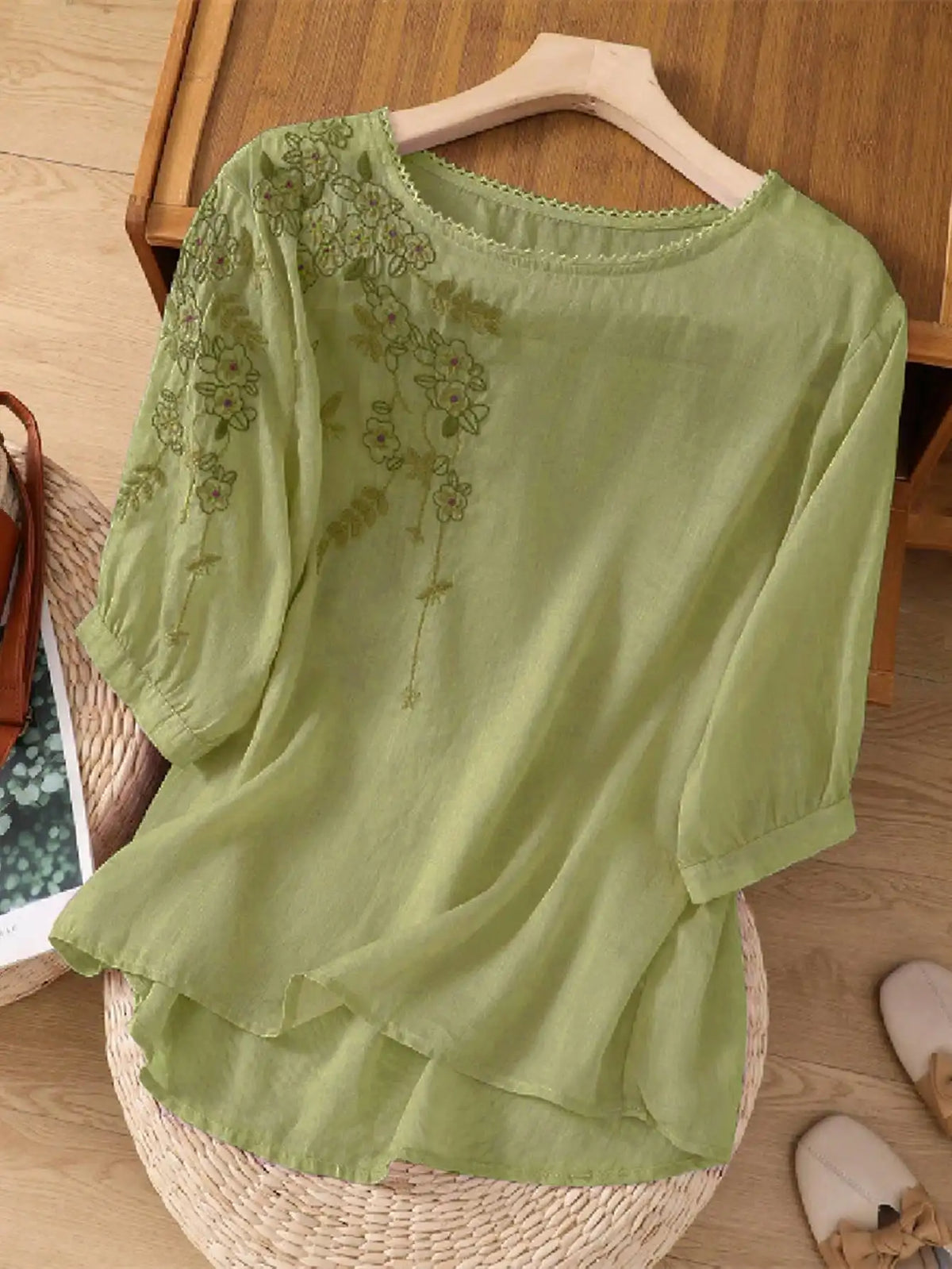 Casual Floral Embroidered Summer Blouse Front View