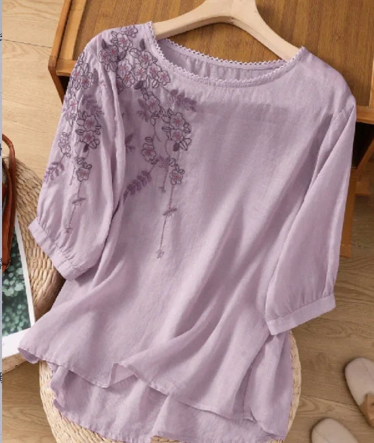 Casual Floral Embroidered Summer Blouse Front View