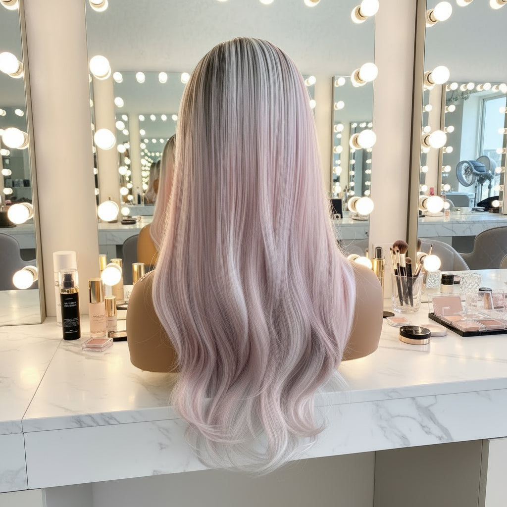 Silver Pink Straight Lace Front Wig - Back View, HD Lace Cap Construction