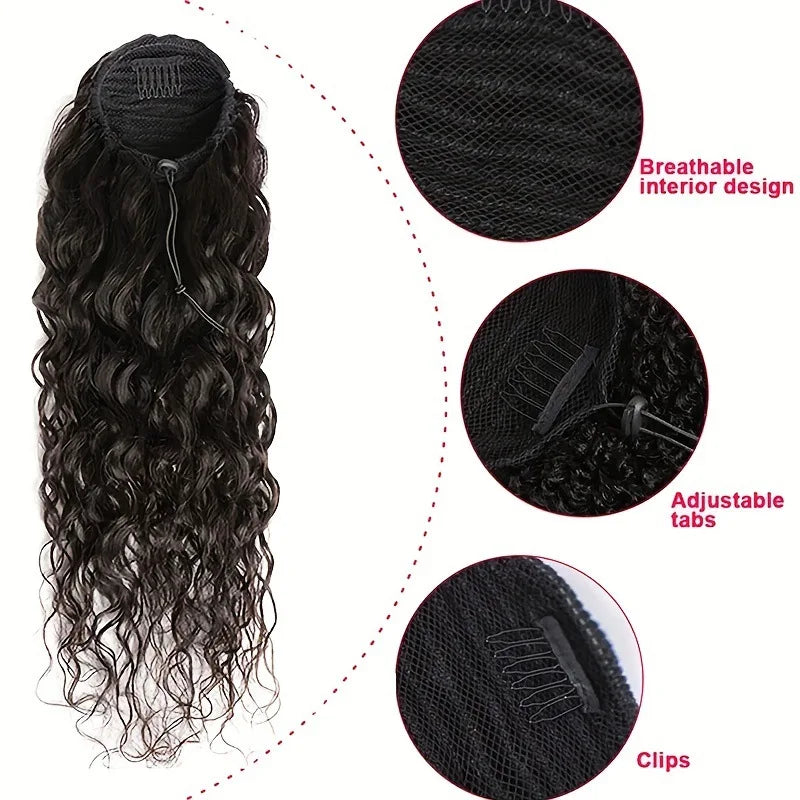 Image 6 — Water wave drawstring ponytail features diagram: breathable interior, adjustable tabs, and comb clips
