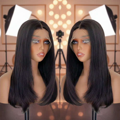 Black Layered Body Wave 13x4 Lace Front Wig - Full Head View, Transparent HD Lace, Natural Hairline