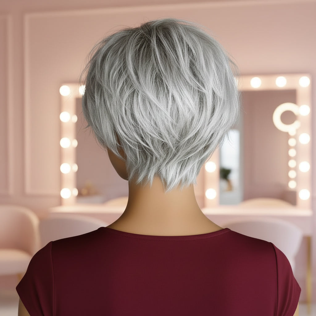 White Gold Layered Fluffy Short Bob Synthetic Wig - Back View