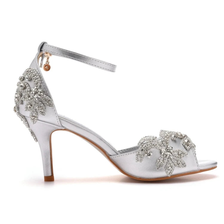 Crystal embellished open toe heels with ankle strap