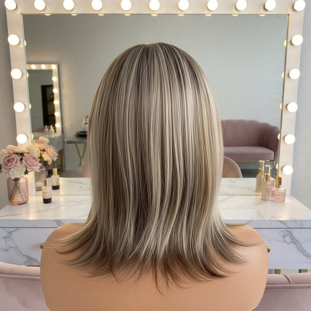 Brown Highlight Blonde Bob Lace Front Wig - Back View, HD Lace Cap Construction
