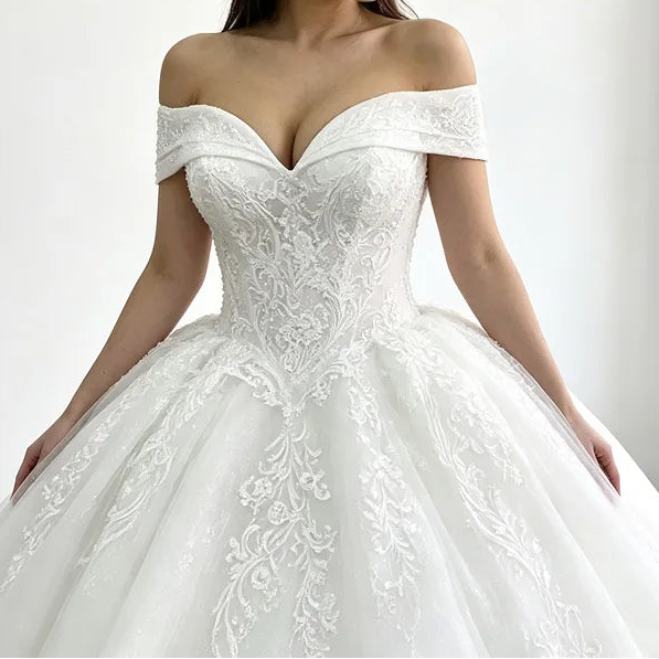 Off Shoulder Lace Ball Gown Wedding Dress