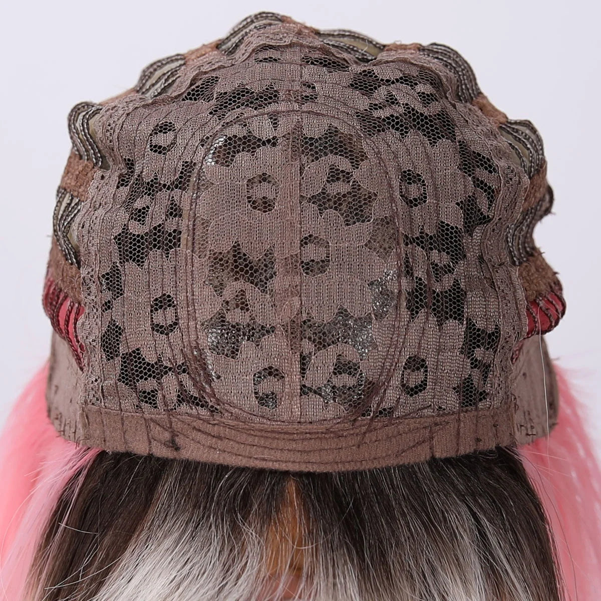 White Gold Black Root Inner Pink Short Bob Wig Cap construction